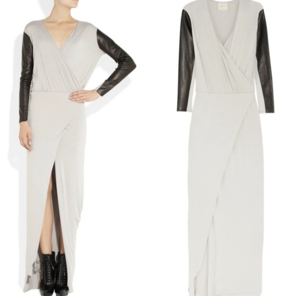 Michelle Mason Leather Panel Jersey Maxi Wrap Dress S Long Sleeve - Quiet Luxury